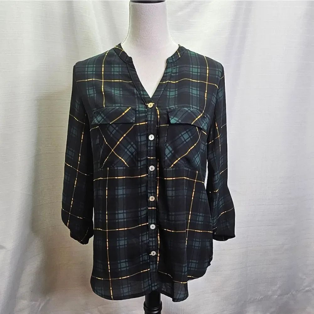 Alice Blue For Stitch Fix Green Plaid Button Front Blouse Size Small